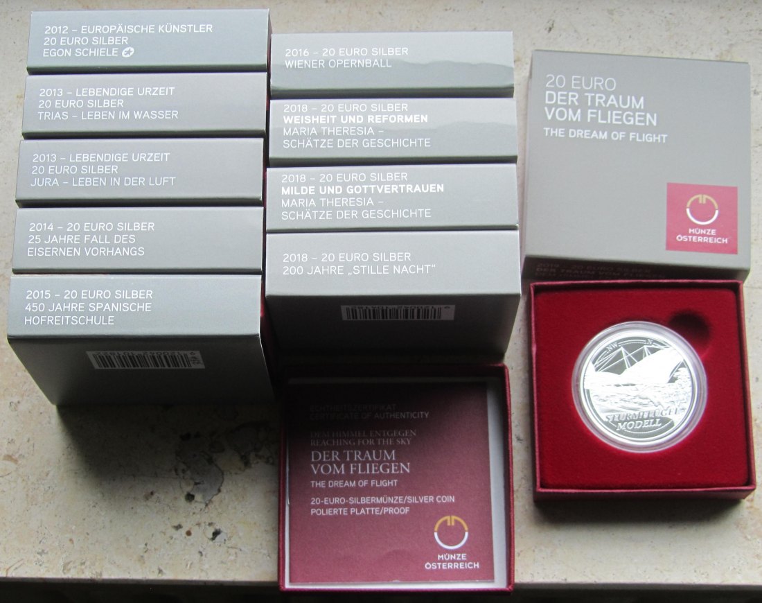  Österreich: Zehn verschiedene 20 Euro PP/Proof, zusammen 180 g Feinsilber   
