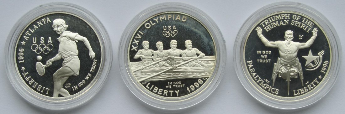  USA Vereinigte Staaten: Drei verschiedene Olympia-Dollars 1996, zusammen 72,2 g Feinsilber   