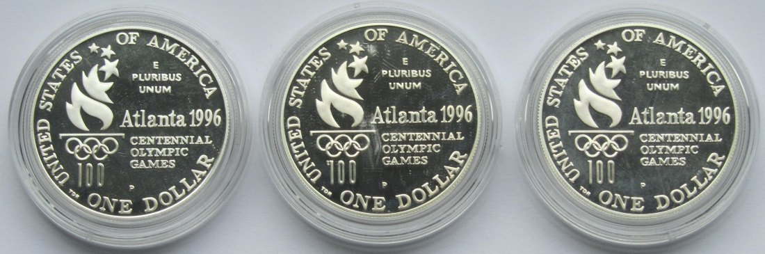  USA Vereinigte Staaten: Drei verschiedene Olympia-Dollars 1996, zusammen 72,2 g Feinsilber   