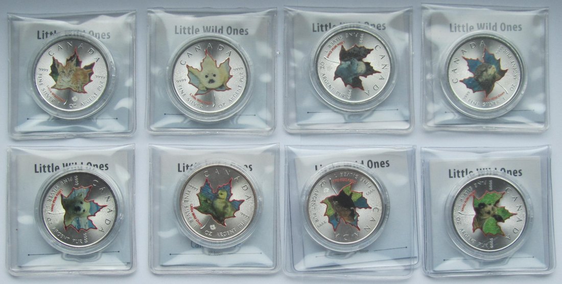  Kanada: Acht Silberunzen Maple Leaf, koloriert, Serie Little Wild Ones, zusammen 248,8 g Feinsilber   
