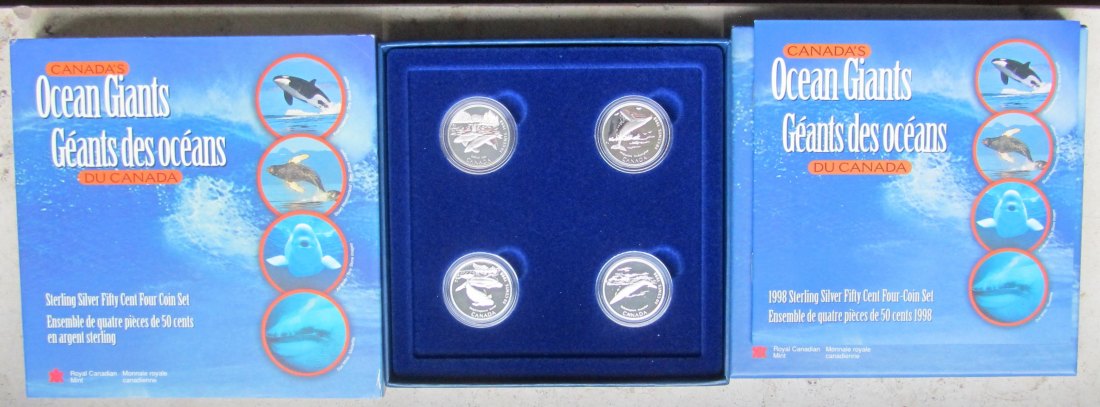  Kanada: Satz Ocean Giants, 4 x 50 Cents, zusammen 34,4 g Feinsilber   
