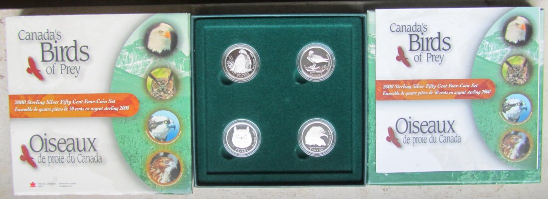  Kanada: Satz Birds of Prey 2000, 4 x 50 Cents, zusammen 34,4 g Feinsilber   