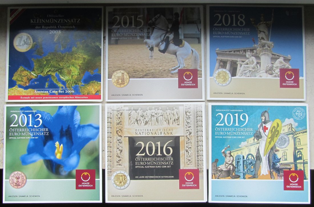  Österreich: Kursmünzensätze 2008 + 2013 + 2015 + 2016 + 2018 + 2019   