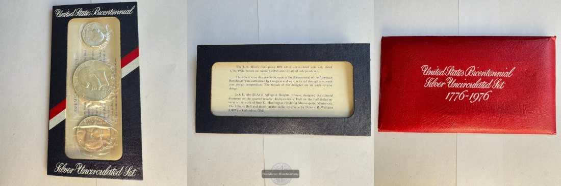  USA 1/4, 1/2 & 1 Dollar Bicentennial Silver UNC Set 1776-1976 FM-Frankfurt Feinsilber: 16,74g   