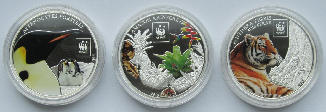  Tansania: 3 x 100 Shillings WWF 2016, versilbert   