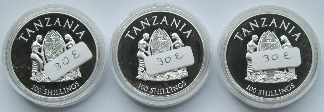  Tansania: 3 x 100 Shillings WWF 2016, versilbert   