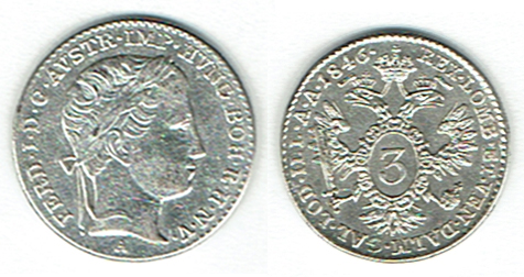  SZAIVERT KAISERREICH ÖSTERREICH FERDINAND I. 3 KREUZER 1846 A WIEN   