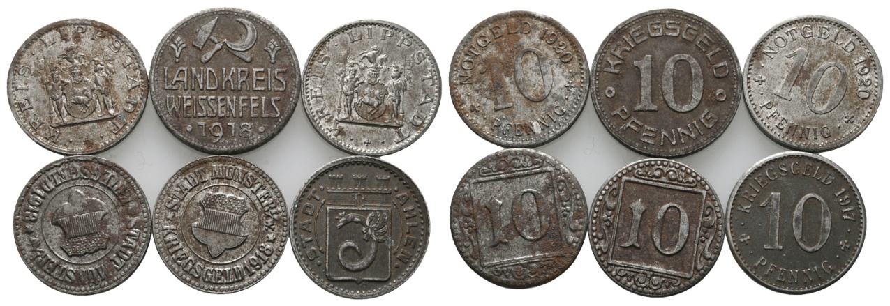  Kriegsgeld; Notgeld; 6x 10 Pfennig; Weissenfels; Ahlen; Lippstadt   