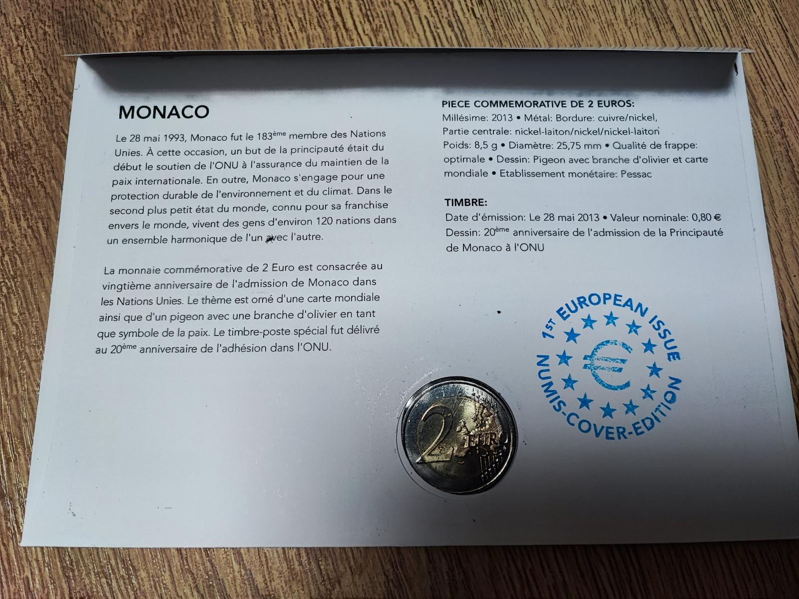  MONACO 2 EURO 2013 ONU- NUMISBRIEF   