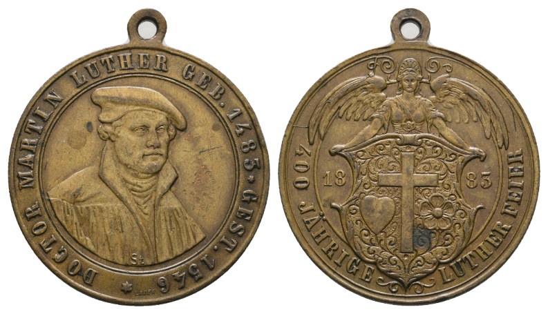  Martin Luther; Medaille 1883; 400 jährige Luter Feier; Bronze; tragbar; 9,48 g, Ø 31 mm   