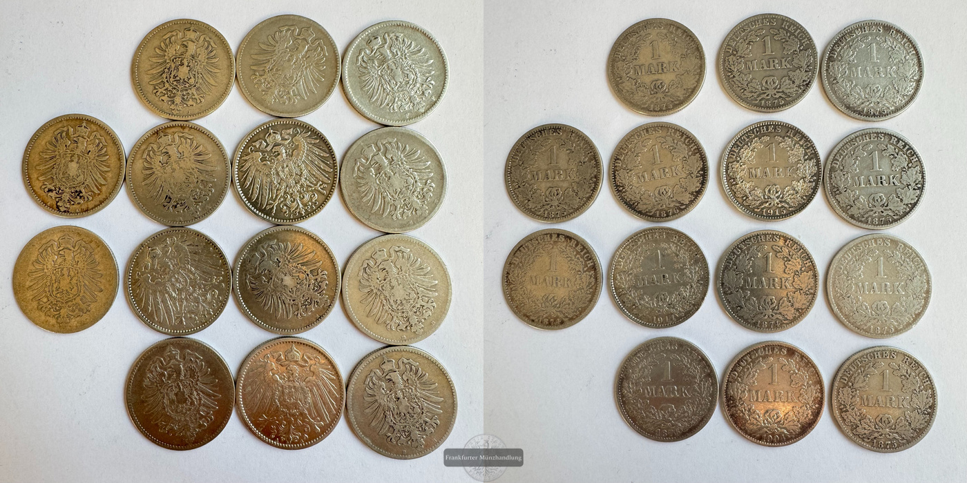  Dt. Reich 14x 1 Mark div. Jg v. 1874-1915 FM-Frankfurt Feinsilber: 70g   