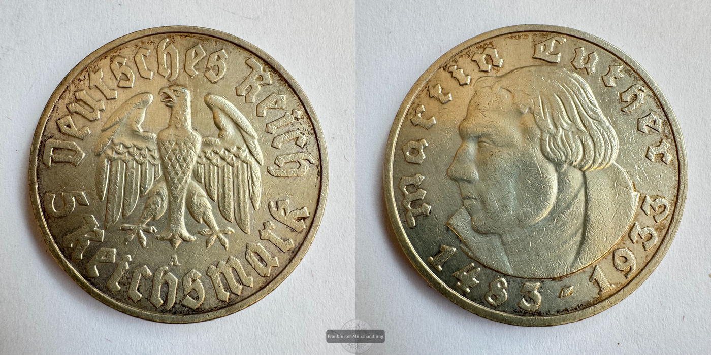  Dt. Reich 5 Reichsmark (Martin Luther) 1933 A FM-Frankfurt Feinsilber: 12,5g   