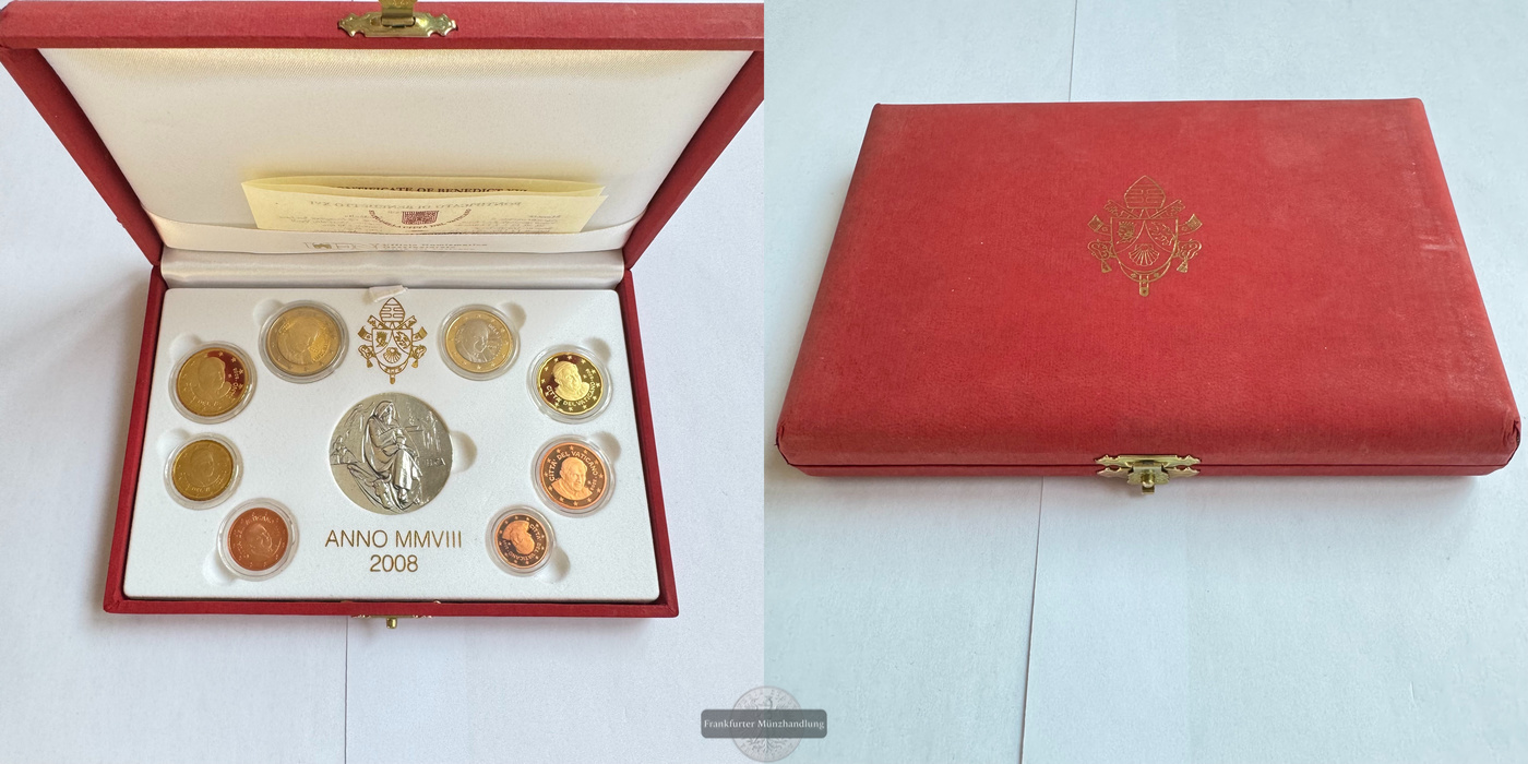  Vatikanstadt Euro-Münzensatz 2008 Benedikt XVI. mit Silbermedaille FM-Frankfurt Feinsilber: 41,625g   