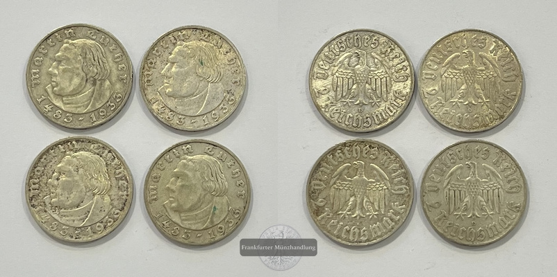  Deutschland Drittes Reich 2 Reichsmark LOT Martin Luther FM-Frankfurt  Feinsilber: 20g (insg.)   