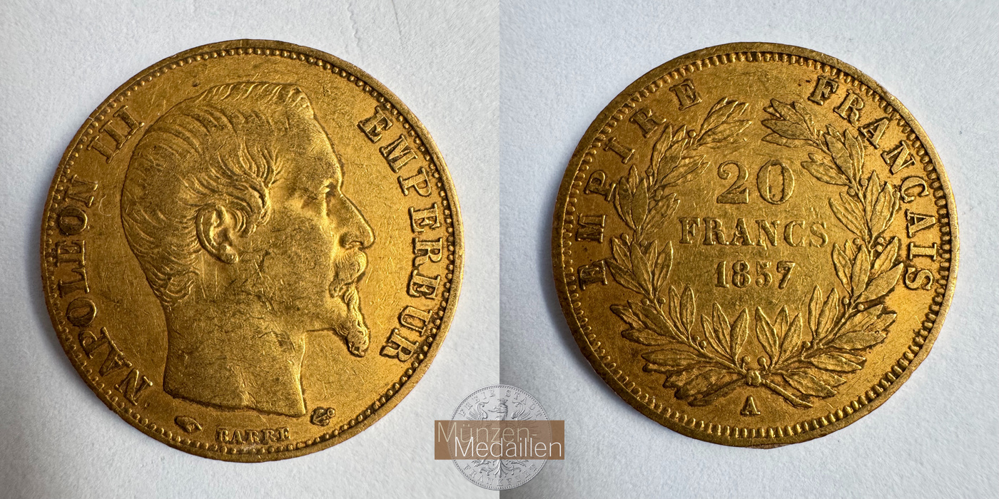 Frankreich, Napoleon III MM-Frankfurt KM#781 Feingold: 5,81g 20 Francs (1853-1860) 1857 A 