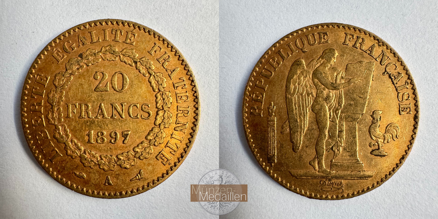  Republik Frankreich, 20 Francs 1897 A (1871-1898) MM-Frankfurt KM#825 Feingold: 5,81g   