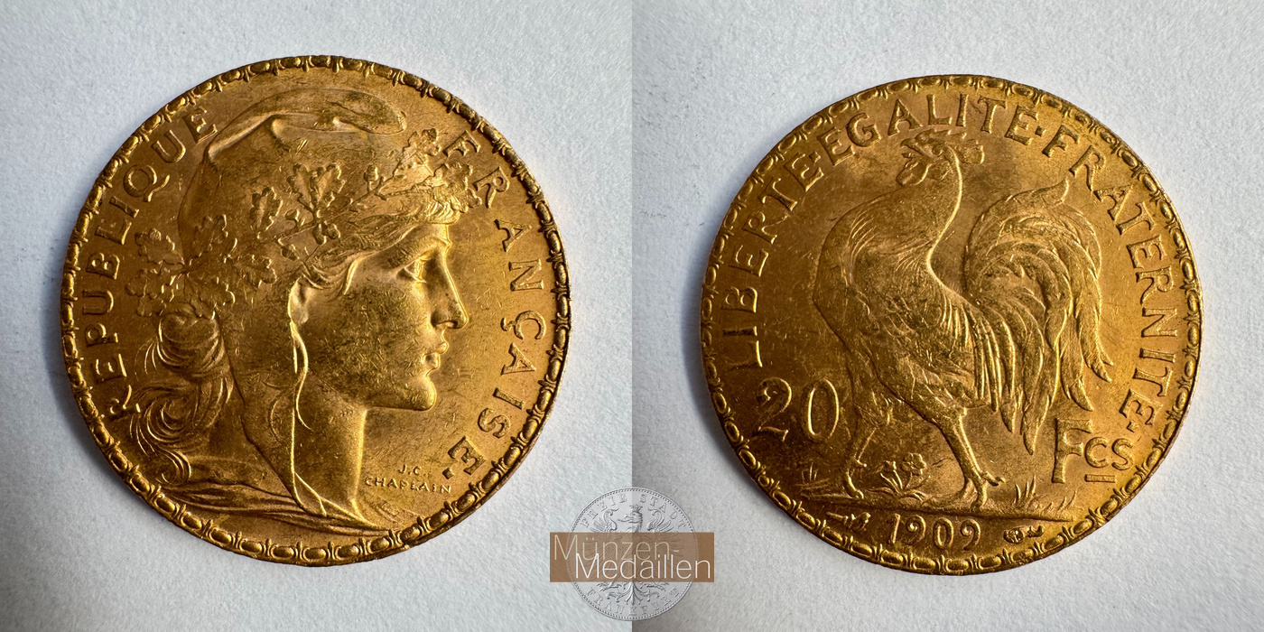  Republik Frankreich, 20 Francs 1909 (1907-1914) MM-Frankfurt KM#857 Feingold: 5,81g   