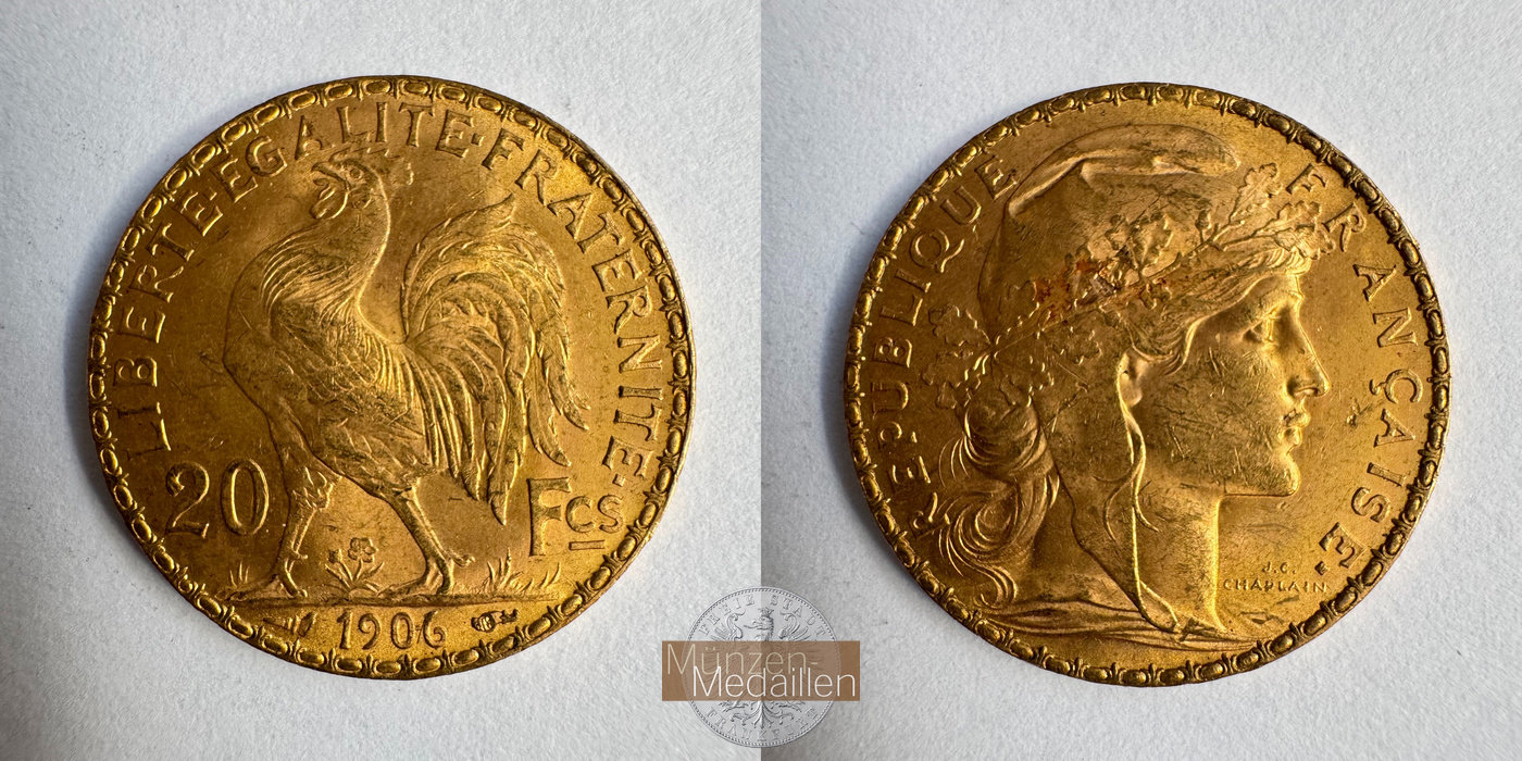  Frankreich, 20 Francs 1906 (1898-1906) MM-Frankfurt KM#847 Feingold: 5,81g   