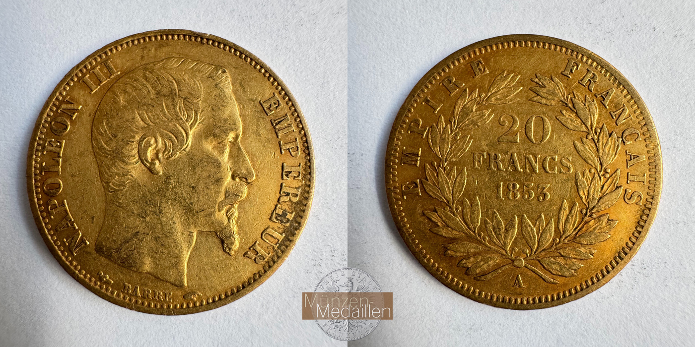 Frankreich, Napoleon III MM-Frankfurt KM#781 Feingold: 5,81g 20 Francs (1853-1860) 1853 A 