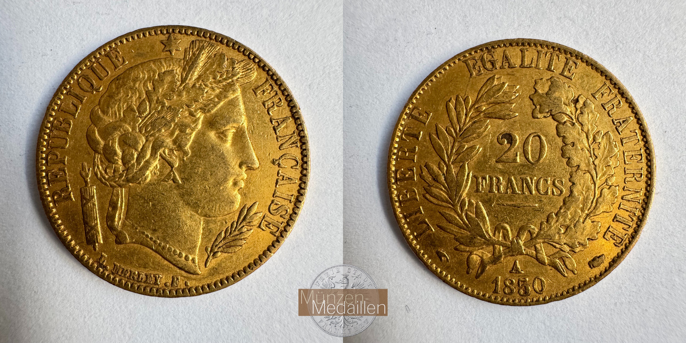  Republik Frankreich, 20 Francs 1850 A (1849-1851) MM-Frankfurt KM#762 Feingold: 5,81g   