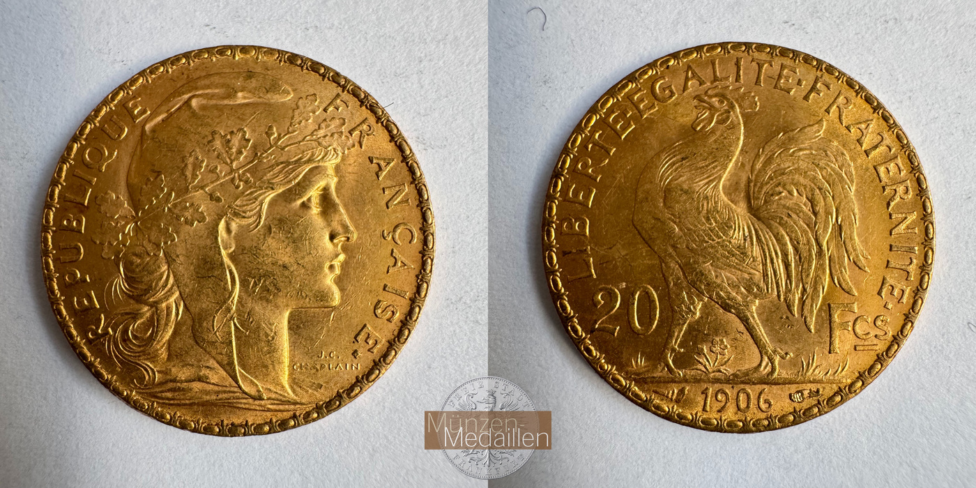  Frankreich, 20 Francs 1906 (1898-1906) MM-Frankfurt KM#847 Feingold: 5,81g   