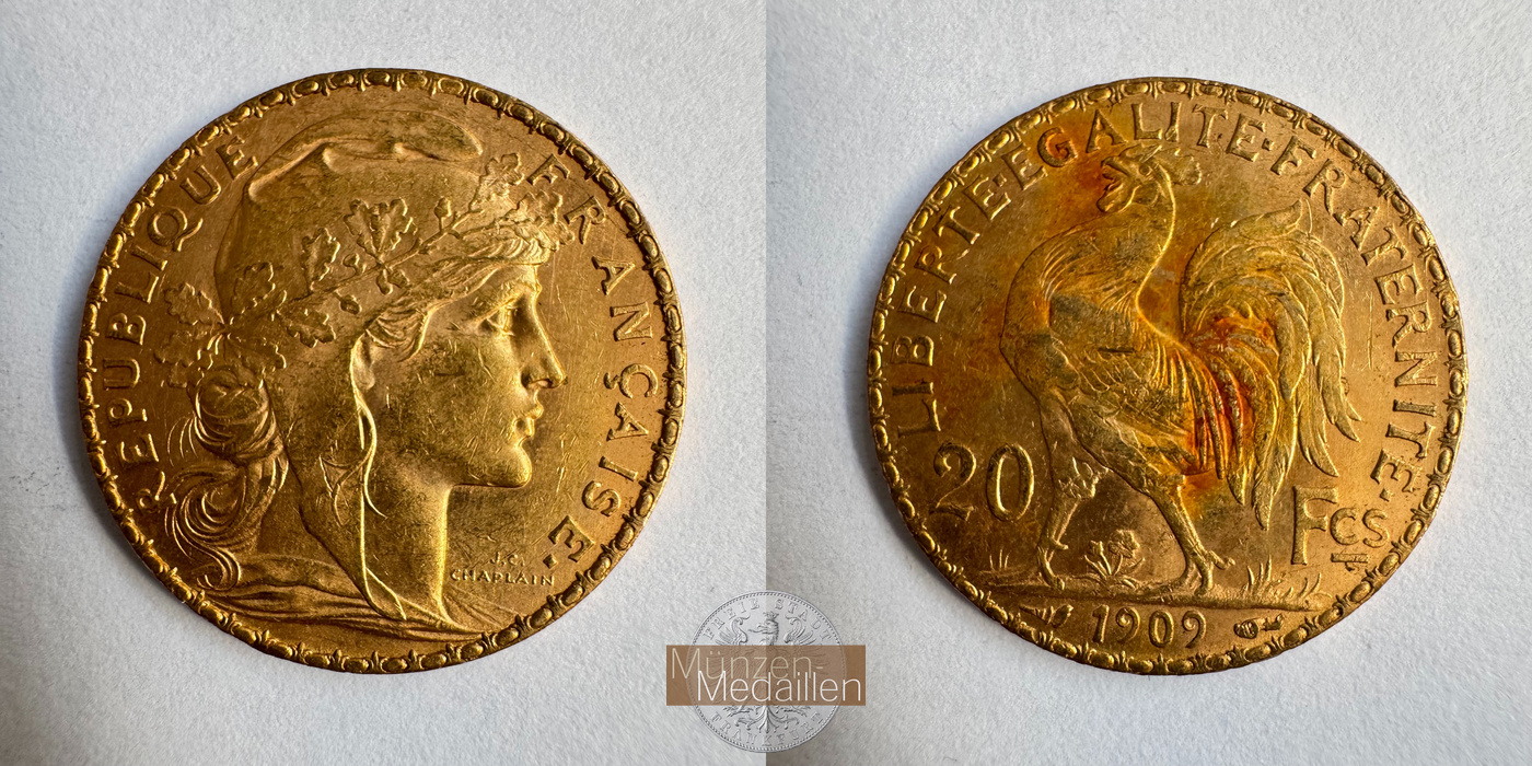  Republik Frankreich, 20 Francs 1909 (1907-1914) MM-Frankfurt KM#857 Feingold: 5,81g   