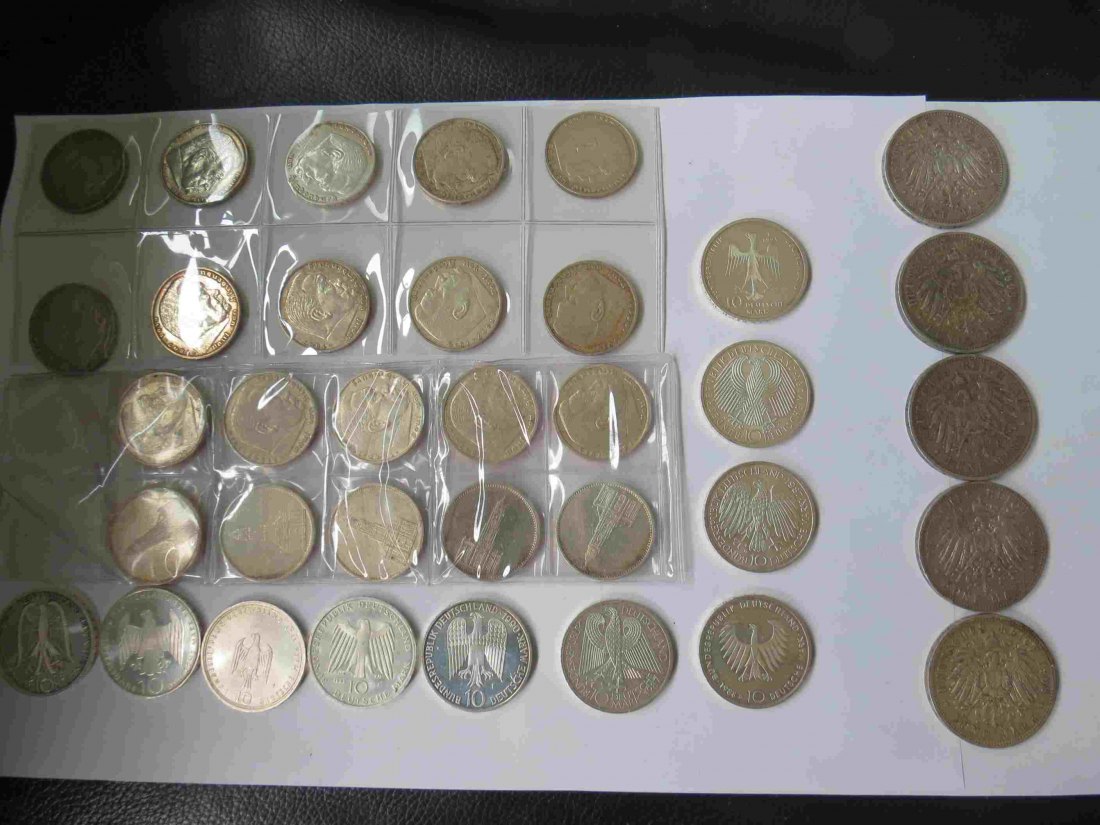  Silberpaket mit 20x 5 RM; 5x5 Mark Dt. Kaiserreich; 10x10 DM BRD bis 1997; 471,9 Gramm Feinsilber   