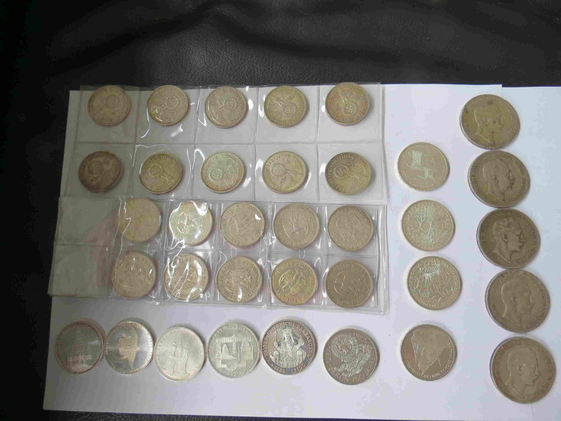  Silberpaket mit 20x 5 RM; 5x5 Mark Dt. Kaiserreich; 10x10 DM BRD bis 1997; 471,9 Gramm Feinsilber   