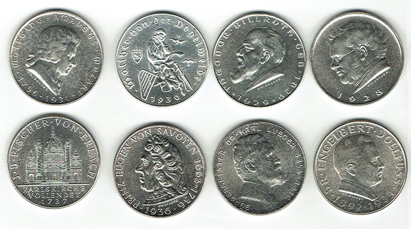  SZAIVERT 1. REPUBLIK ÖSTERREICH 8 STÜCK 2 SCHILLING DOPPELSCHILLING MOZART PRINZ EUGEN BILLROTH   