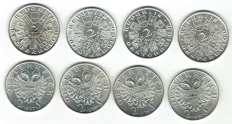  SZAIVERT 1. REPUBLIK ÖSTERREICH 8 STÜCK 2 SCHILLING DOPPELSCHILLING MOZART PRINZ EUGEN BILLROTH   