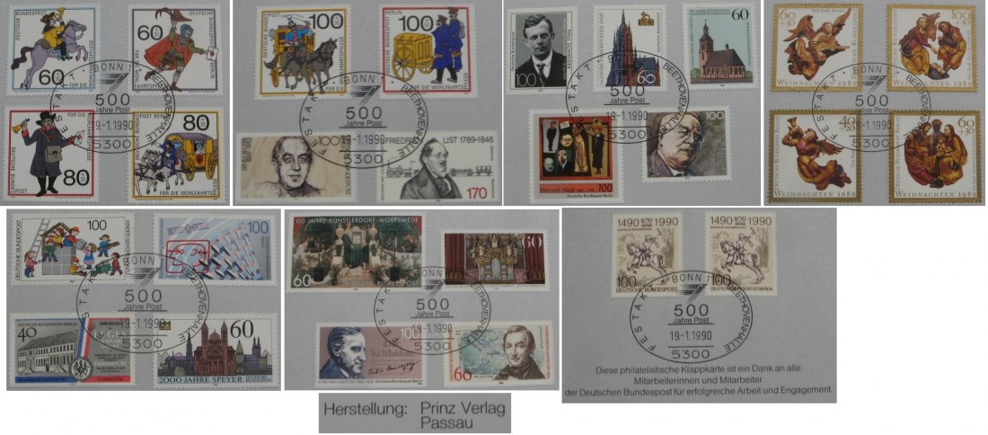  1990 - 500 years of Deutsche Post - special edition folding card with 27 stamps   