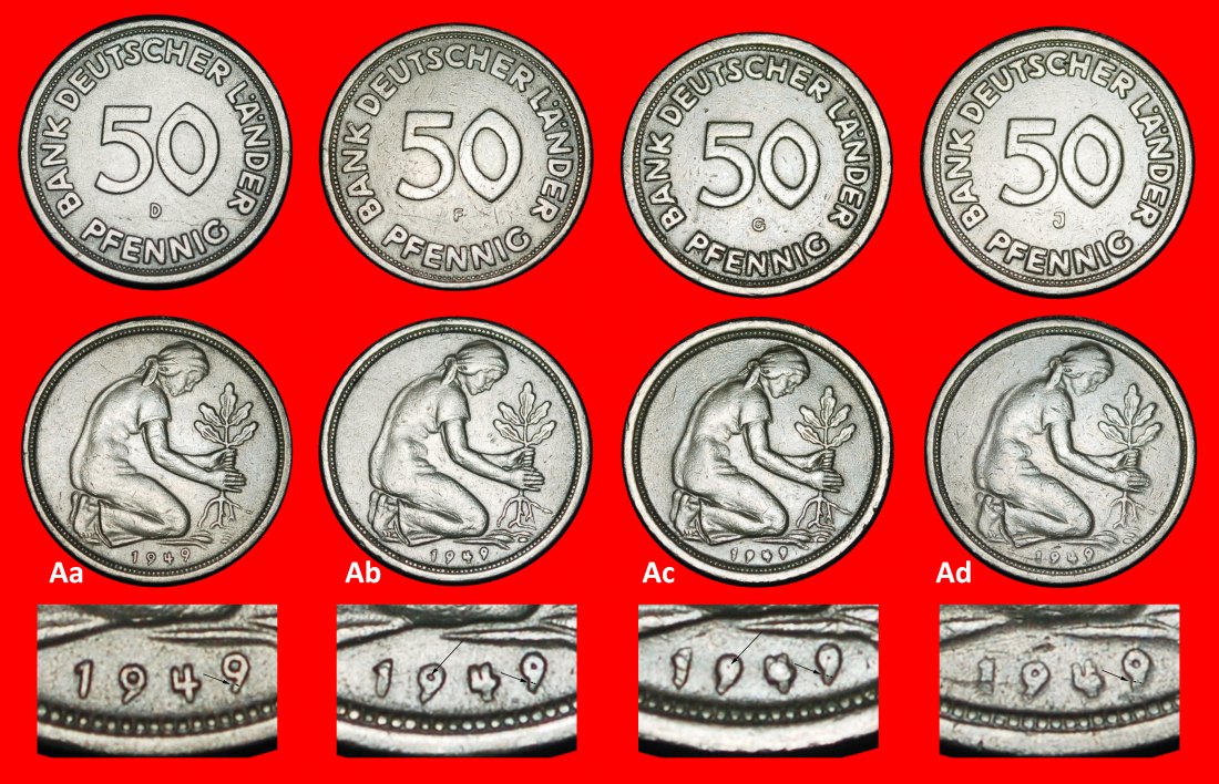  Ⰶ NOT COMMUNIST TYPE (1949-2001): GERMANY★50 PFENNIGS 1949 4 DISCOVERY COINS★LOW START ★ NO RESERVE!   