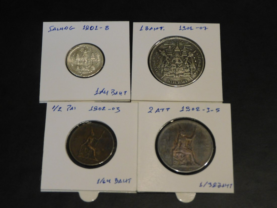 THAILAND 4X 1/2 PAI-2 ATT-1/4 -1 BAHT 1901-08.GRADE-PLEASE SEE PHOTOS.   