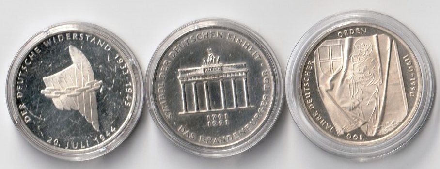  BRD: 3 x 10 DM Deutscher Orden, Brandenburger Tor u. Widerstand, u.E. sehr schön in Kapseln   