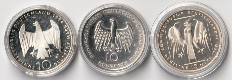  BRD: 3 x 10 DM Deutscher Orden, Brandenburger Tor u. Widerstand, u.E. sehr schön in Kapseln   