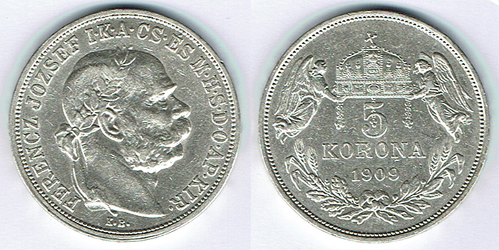  SZAIVERT KAISERREICH ÖSTERREICH FRANZ JOSEPH 5 KRONEN KORONA 1909 KB KREMNITZ UNGARN   