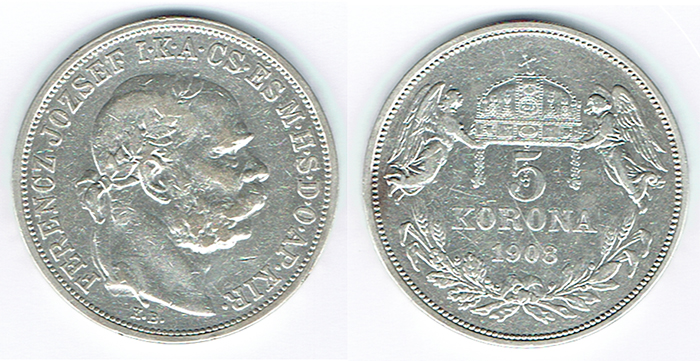  SZAIVERT KAISERREICH ÖSTERREICH FRANZ JOSEPH 5 KRONEN KORONA 1908 KB KREMNITZ UNGARN   