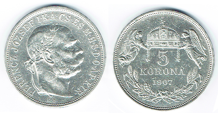  SZAIVERT KAISERREICH ÖSTERREICH FRANZ JOSEPH 5 KRONEN KORONA 1907 KB KREMNITZ UNGARN   