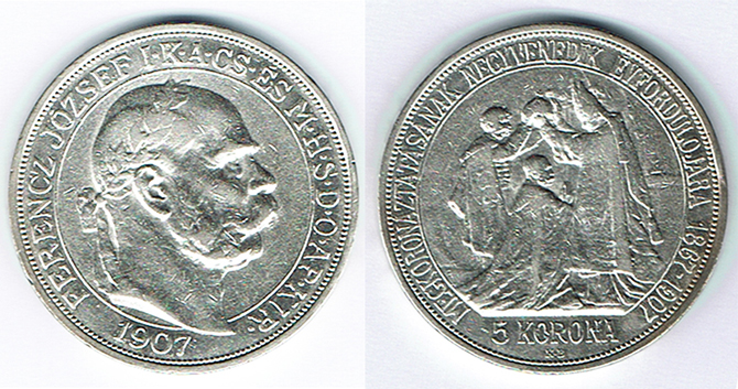  SZAIVERT KAISERREICH ÖSTERREICH FRANZ JOSEPH 5 KRONEN KORONA 1907 KB UNGARN KRÖNUNG   