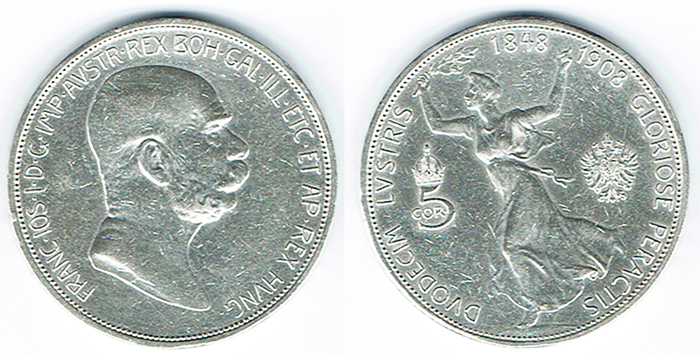  SZAIVERT KAISERREICH ÖSTERREICH FRANZ JOSEPH 5 KRONEN 1908 WIEN KRÖNUNGSJUBILÄUM   