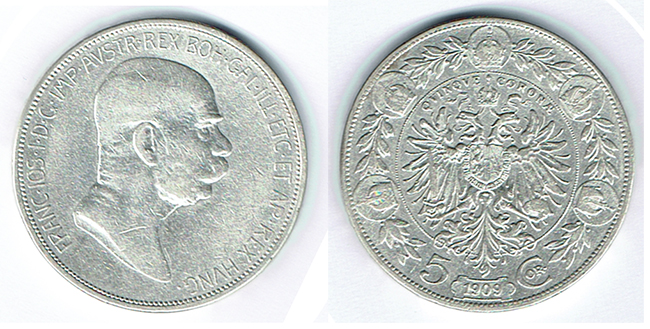  SZAIVERT KAISERREICH ÖSTERREICH FRANZ JOSEPH 5 KRONEN 1909 WIEN OHNE SIGNATUR MARSCHALL   