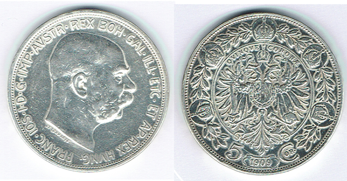  SZAIVERT KAISERREICH ÖSTERREICH FRANZ JOSEPH 5 KRONEN 1909 WIEN SIGNIERT ST. SCHWARTZ   
