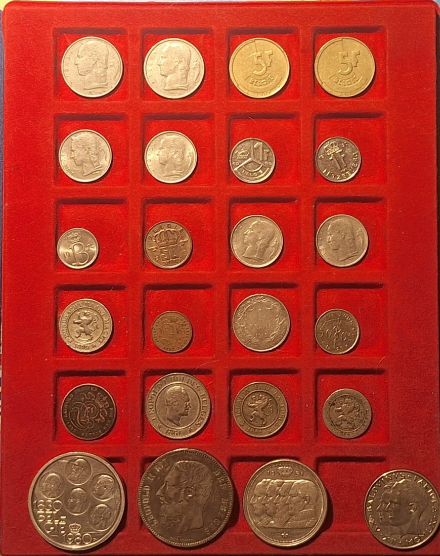  Belgien, 1 Ct's bis 500 Franc-Lot Gewicht Silber fein 64,885g 2Ct's ab 1857-alle außer Kurs   