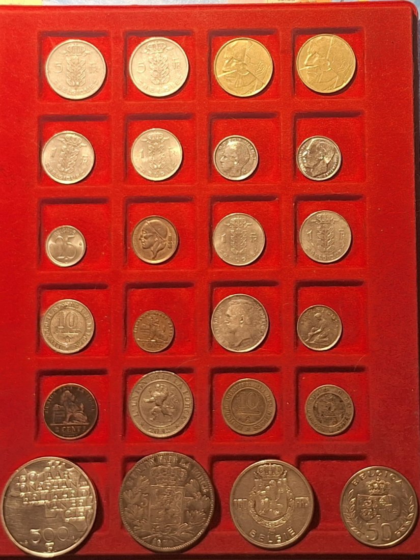  Belgien, 1 Ct's bis 500 Franc-Lot Gewicht Silber fein 64,885g 2Ct's ab 1857-alle außer Kurs   