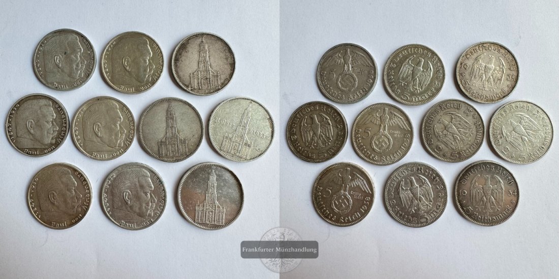  LOT: Dt. Reich 10x div. 5 Reichsmark 1934-1938 + div. unedle Coins FM-Frankfurt Feinsilber: 125g   