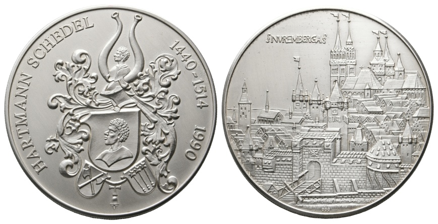 Nürnberg; Schraub-Medaille 1990 Auf die Chronik von Hartmann Schedel; AG 43,42 g; Ø 45,4 mm