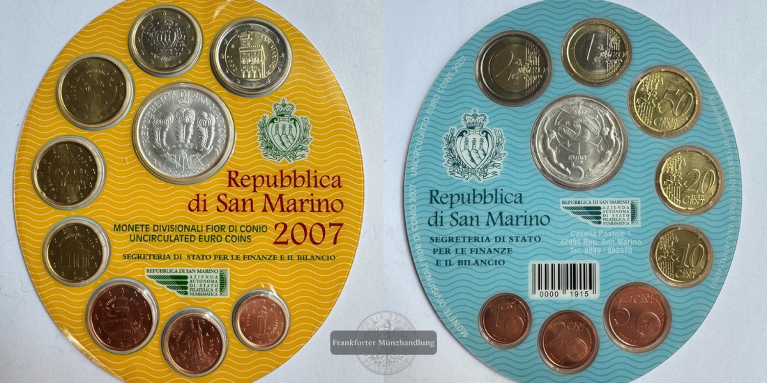  San Marino 2007er Kursmünzenset mit 5 Euros (Equal Opportunity) 2007 FM-Frankfurt Feinsilber: 16,65g   