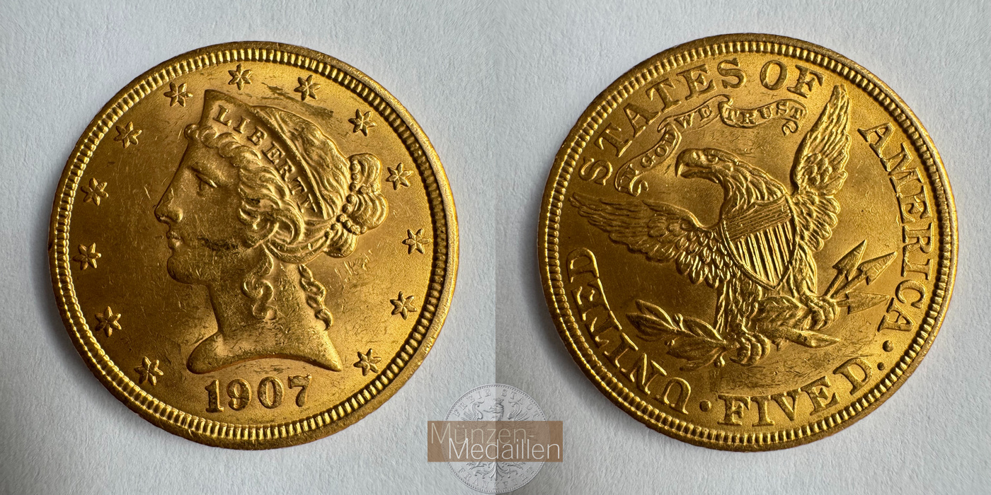  USA 5 Dollars (Coronet Head) 1907 (1866-1908) MM-Frankfurt KM#101 Feingold: 7,524g   
