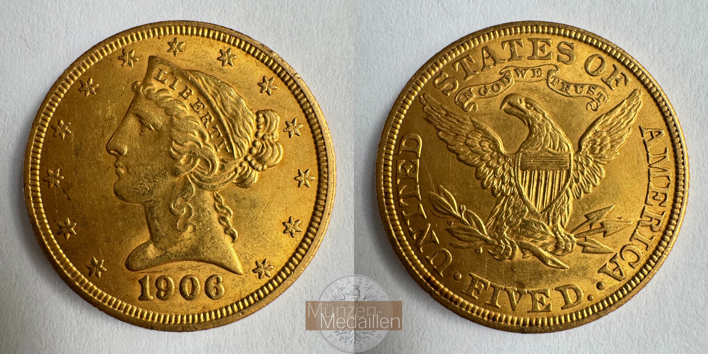  USA 5 Dollars (Coronet Head) 1906 (1866-1908) MM-Frankfurt KM#101 Feingold: 7,524g   
