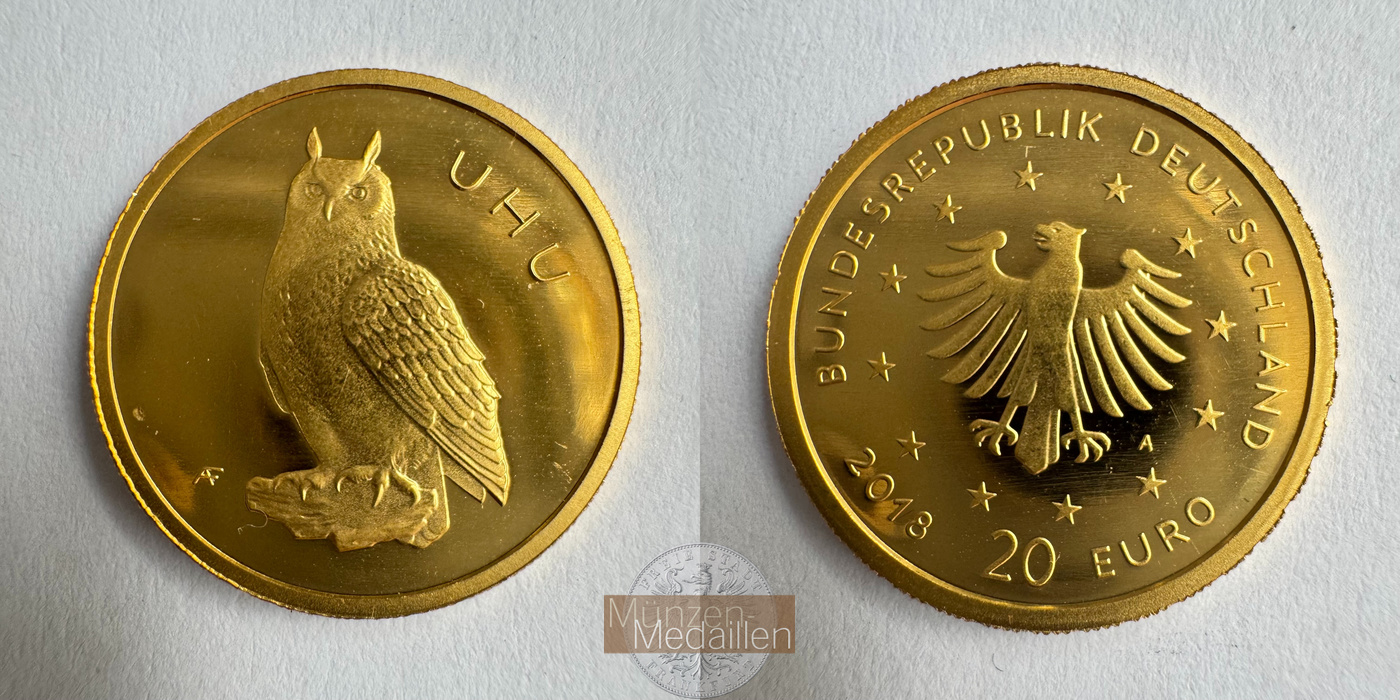  Deutschland 20 Euros (Eurasian Eagle-Owl) 2018 A MM-Frankfurt KM#374 Feingold: 3,89g   